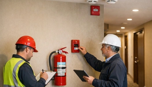 Technician inspecting an office building fire sprinkler system