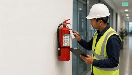 Technician inspecting a commercial fire sprinkler system